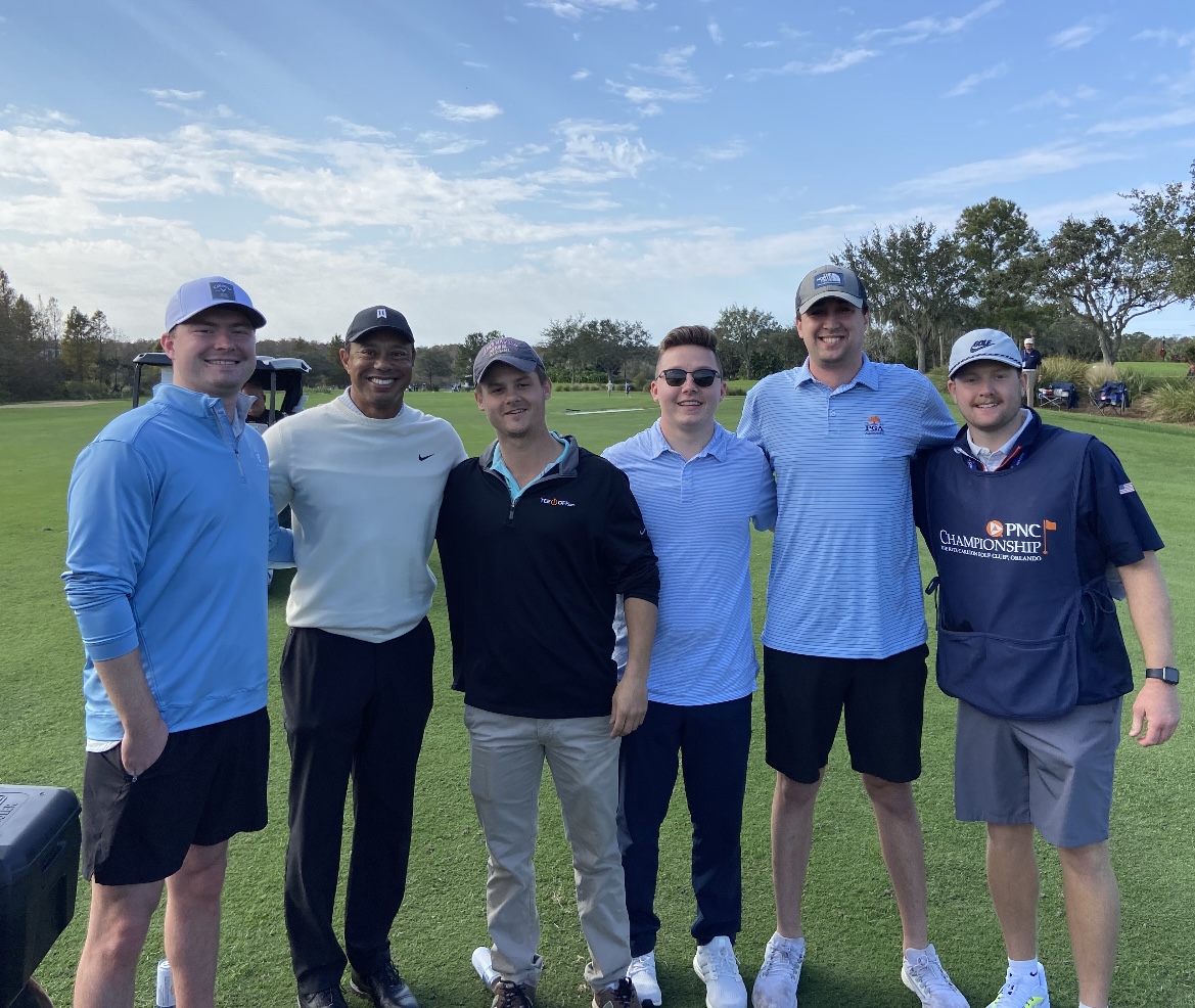 Brendan with Tiger Woods and four others on the course at the PNC Championship, Ritz-Carlton Golf Club, Orlando